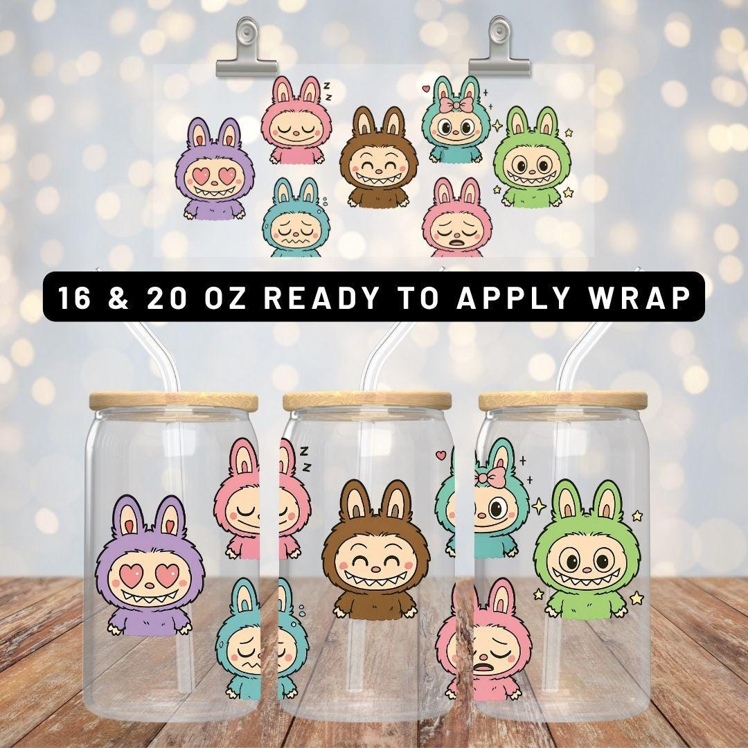 Ready to Apply Labubu Cup Wrap, Labubu UV DTF Decal, 16oz Glass Can Sticker, Labubu Tumbler Wrap, Labubu Gift, Labubu 30 ozCup Wrap CUP07