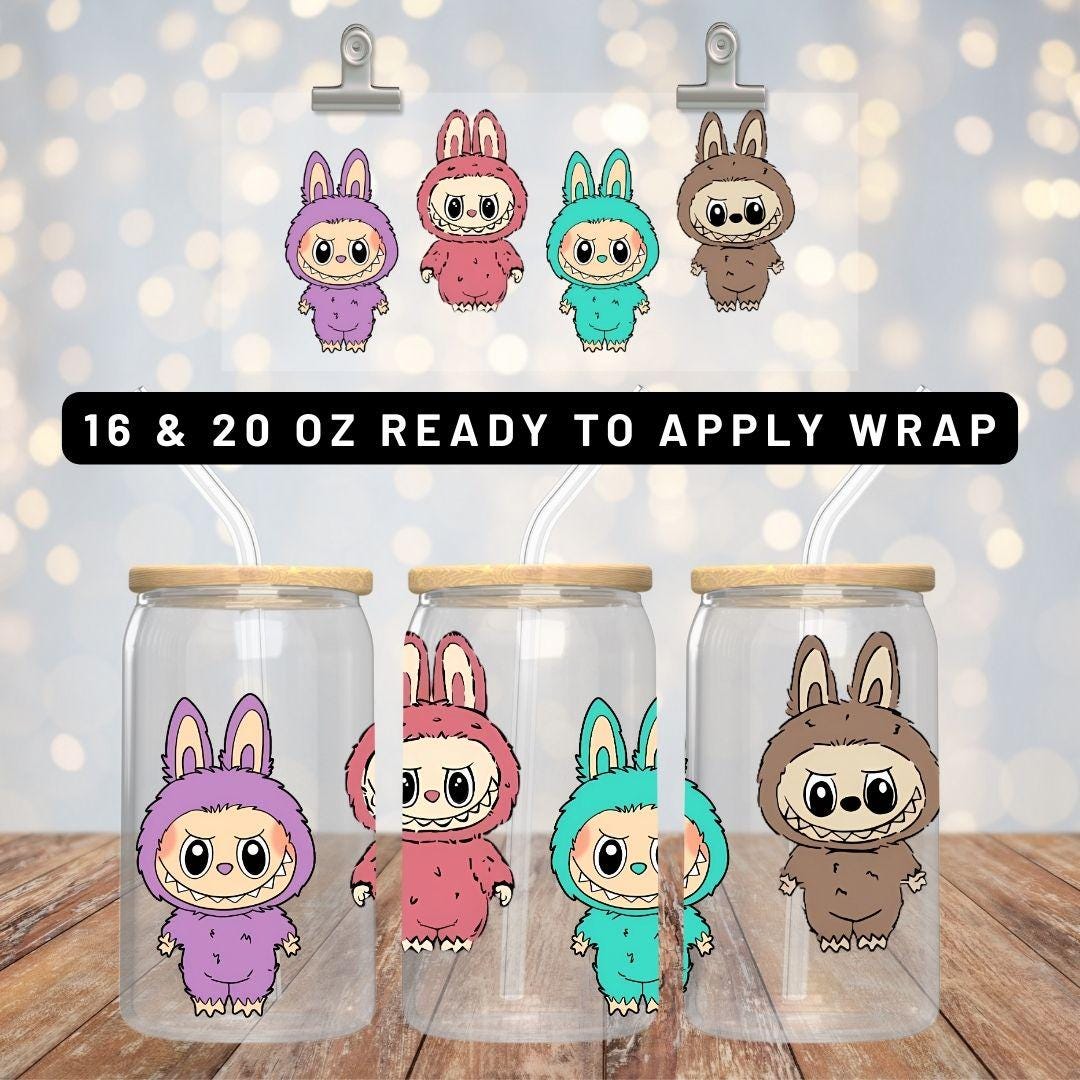 Ready to Apply Labubu Cup Wrap, Labubu UV DTF Decal, 16oz Glass Can Sticker, Labubu Tumbler Wrap, Labubu Gift, Labubu 30 ozCup Wrap CUP03