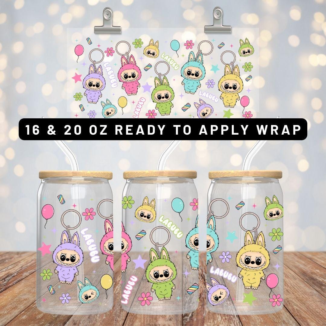 Ready to Apply Labubu Cup Wrap, Labubu UV DTF Decal, 16oz Glass Can Sticker, Labubu Tumbler Wrap, Labubu Gift, Labubu 30 ozCup Wrap CUP06